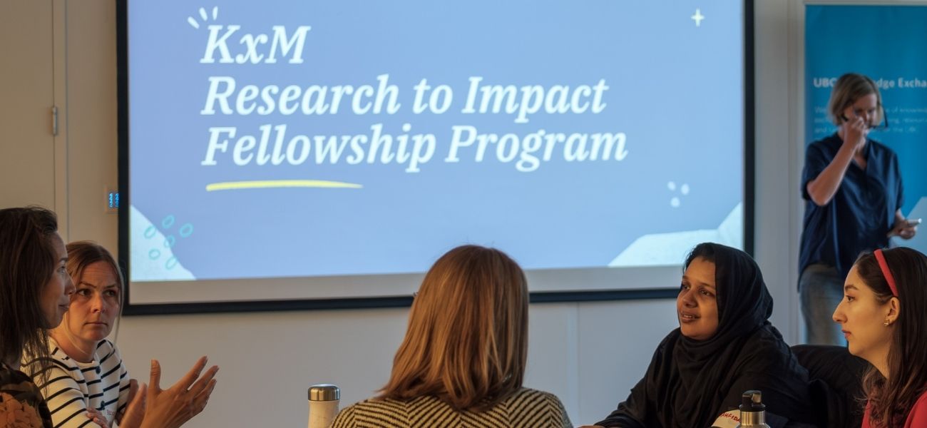 Five people in a group chatting, in the background screen it reads "KxM Research to Impact Fellowship Program"