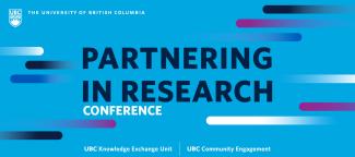 Partnering in Research ad image shows conference details on a blue background with comet-like colour streaks passing horizontally around the text 