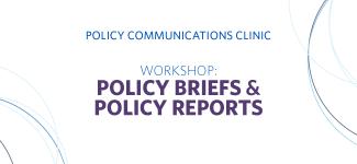 the words: "Policy communications clinic - workshop" on a blue background with abstract blue swirl patterns 