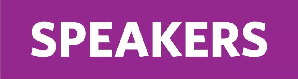 The word "speakers" on a purple background