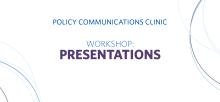 the words: "Policy communications clinic - workshop" on a blue background with abstract blue swirl patterns 