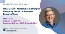 promotional banner for a research partnership event titled "what doesn't kill it makes it stronger: navigating conflict in partnered research teams" on may 2, 2024 at Ponderosa Ballroom