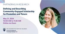 Promotional banner for a research partnership event titled "Defining and Describing community-engaged scholarship for promotion and tenure" on may 21, 2024 online